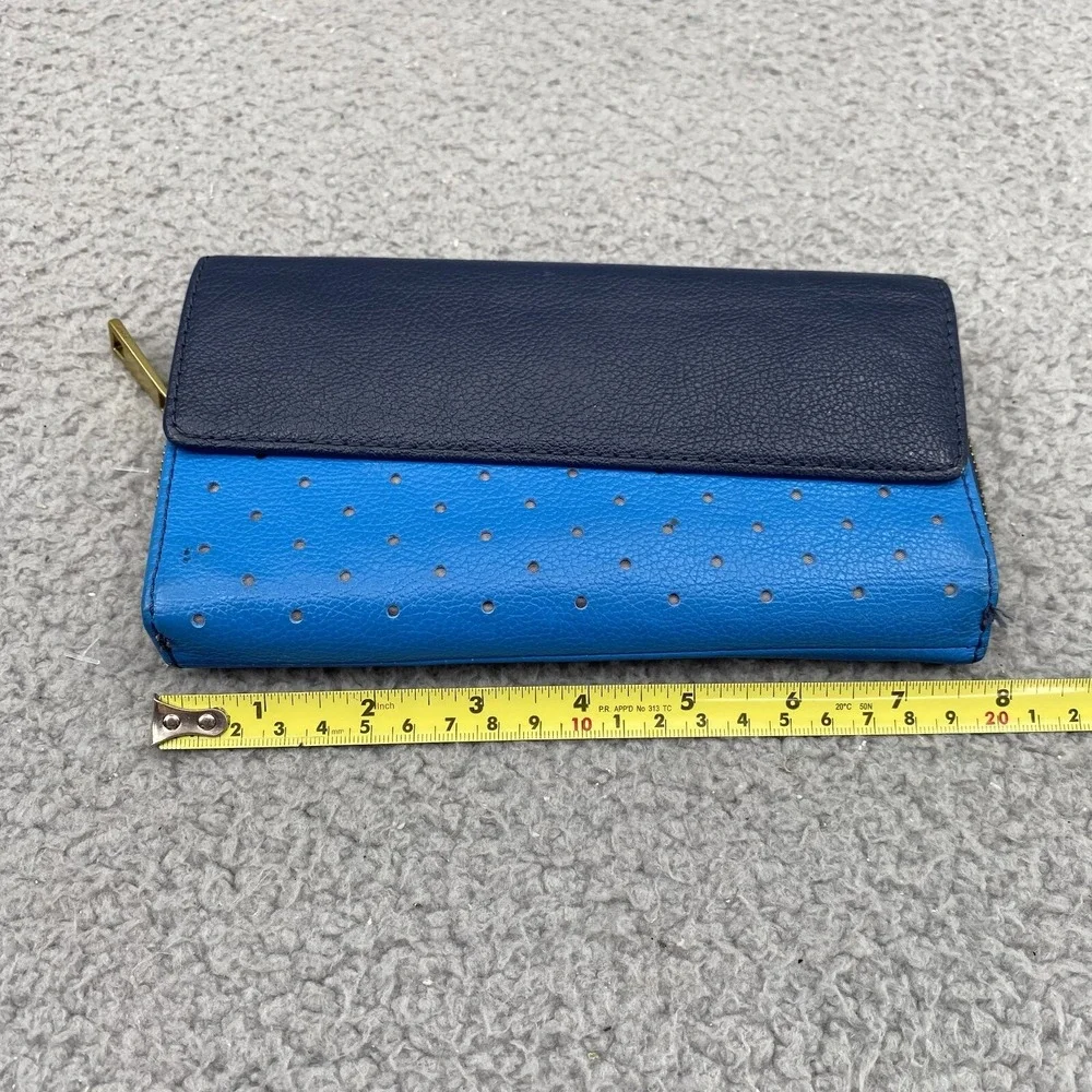 FOSSIL Leather Women Wallet Zip Around Clutch Blue Lining Cards ID Divider Boho‎